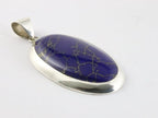 Grote ovale hoogglans zilveren hanger met lapis lazuli aan ketting afbeelding 2