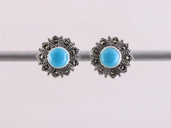 Fijne zilveren oorstekers met blauwe turkoois en marcasiet afbeelding 4