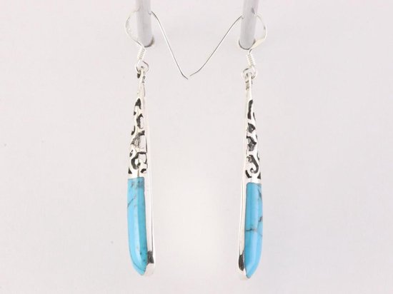 Lange opengewerkte zilveren oorbellen met blauwe turkoois afbeelding 2
