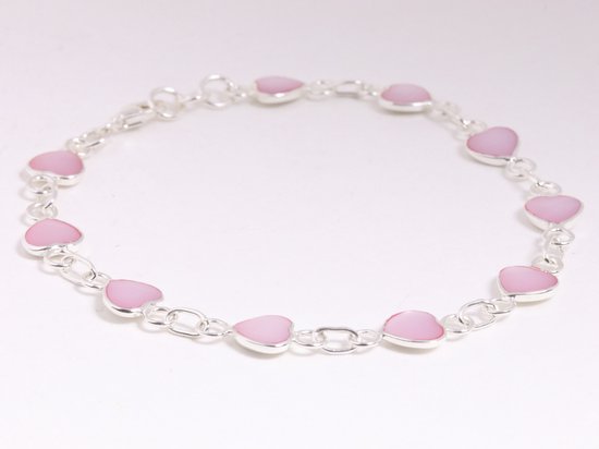 Zilveren hartjes armband met roze parelmoer afbeelding 2