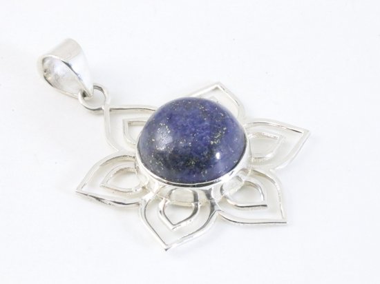 Opengewerkte bloemvormige zilveren hanger met lapis lazuli afbeelding 2