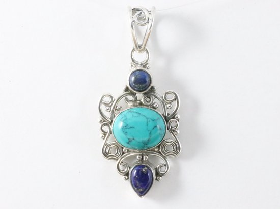 Opengewerkte zilveren hanger met turkoois en lapis lazuli afbeelding 4