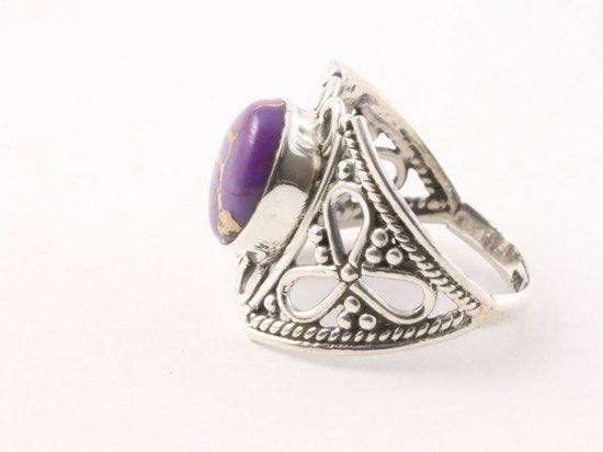 Opengewerkte zilveren ring met paarse koperturkoois afbeelding 2