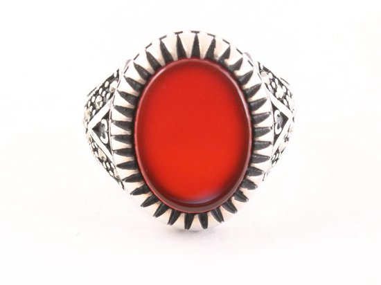 Bewerkte ovale zilveren ring met carneool en marcasiet afbeelding 4