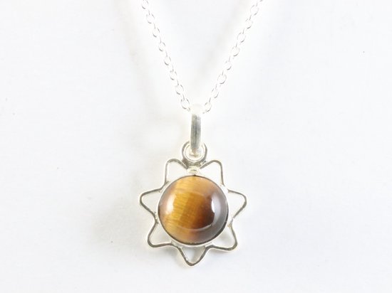 Fijne opengewerkte zilveren hanger met tijgeroog aan ketting afbeelding 4