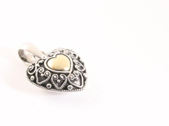 Fijne bewerkte hartvormige zilveren hanger met 18k gouden decoratie aan ketting afbeelding 2