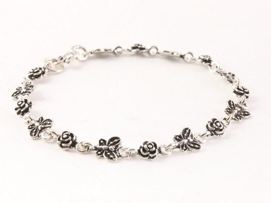 Fijne zilveren armband met vlinders en roosjes afbeelding 2