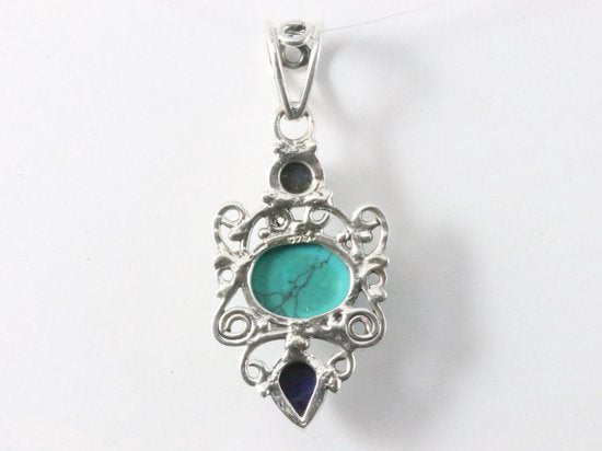 Opengewerkte zilveren hanger met turkoois en lapis lazuli afbeelding 3