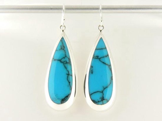 Grote druppelvormige zilveren oorbellen met blauwe turkoois afbeelding 4