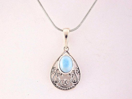Fijne opengewerkte zilveren hanger met larimar aan ketting afbeelding 4