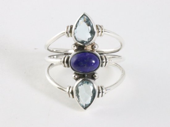 Langwerpige zilveren ring met lapis lazuli en blauwe topaas - maat 20 afbeelding 4