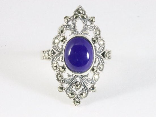 Opengewerkte zilveren ring met lapis lazuli en marcasiet afbeelding 4