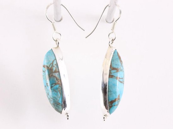 Lange zilveren oorbellen met blauwe koperturkoois afbeelding 2