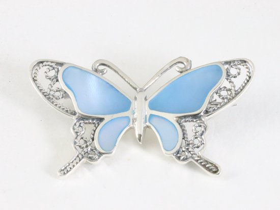 Zilveren vlinder broche met blauwe schelp afbeelding 1
