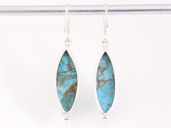 Lange zilveren oorbellen met blauwe koperturkoois afbeelding 3