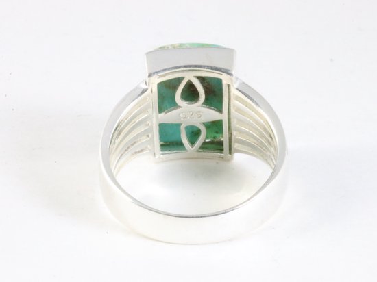 Opengewerkte rechthoekige zilveren ring met Mohave turkoois afbeelding 3