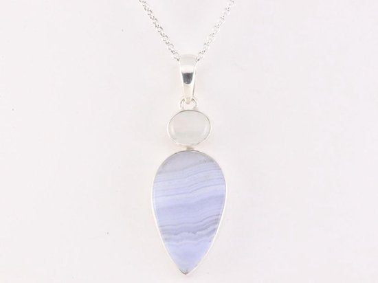 Zilveren hanger met blauwe lace agaat en regenboog maansteen aan ketting afbeelding 4