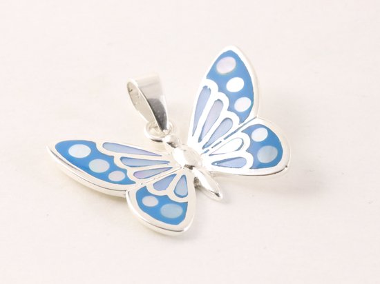 Zilveren vlinder hanger met blauwe schelp afbeelding 2