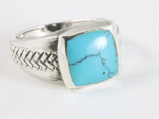 Zware bewerkte zilveren ring met blauwe turkoois afbeelding 1