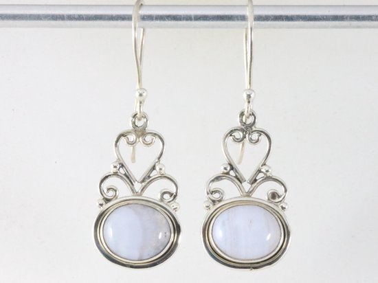 Lange opengewerkte zilveren oorbellen met blauwe lace agaat afbeelding 3