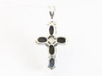 Fijne zilveren kruishanger met blauwe saffier en marcasiet afbeelding 3