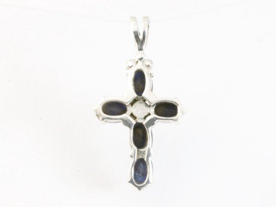 Fijne zilveren kruishanger met blauwe saffier en marcasiet afbeelding 3