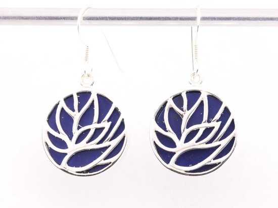 Ronde zilveren lotus oorbellen op lapis lazuli afbeelding 4