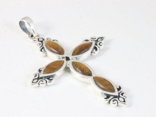 Grote bewerkte zilveren kruishanger met tijgeroog afbeelding 2