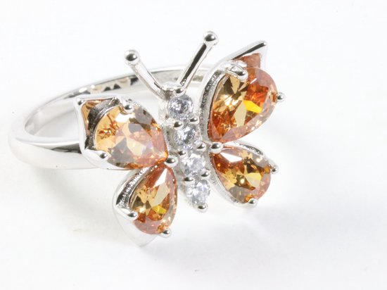 Hoogglans zilveren vlinder ring met citrien en witte topaas afbeelding 1