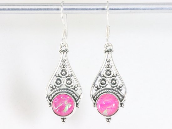 Opengewerkte zilveren oorbellen met roze opaal afbeelding 3
