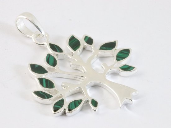 Grote zilveren levensboom hanger met malachiet afbeelding 2