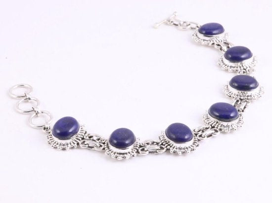 Bewerkte zilveren schakelarmband met grote lapis lazuli stenen afbeelding 2