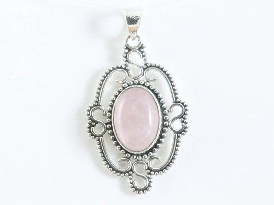 Opengewerkte zilveren hanger met rozenkwarts afbeelding 4