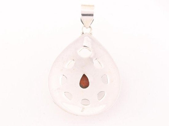 Opengewerkte druppelvormige zilveren hanger met rode turkoois afbeelding 3