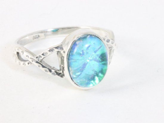 Fijne opengewerkte zilveren ring met blauwe opaal afbeelding 1