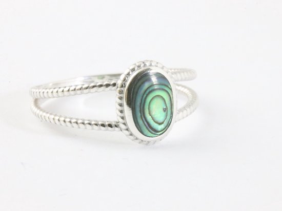 Fijne opengewerkte zilveren ring met abalone schelp afbeelding 1