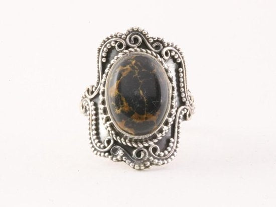 Bewerkte zilveren ring met zwarte koperturkoois afbeelding 2