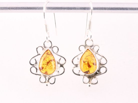 Fijne opengewerkte zilveren oorbellen met amber afbeelding 4