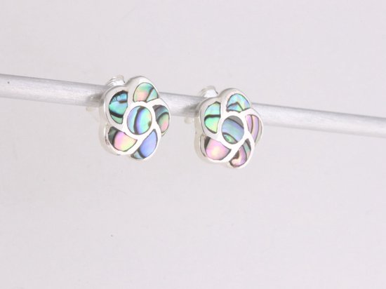 Bloemvormige zilveren oorstekers met abalone schelp afbeelding 3