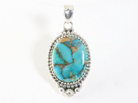 Bewerkte zilveren hanger met blauwe koperturkoois afbeelding 4