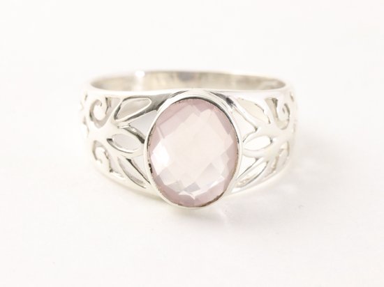 Opengewerkte zilveren ring met rozenkwarts afbeelding 4