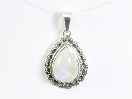 Bewerkte druppelvormige zilveren hanger met regenboog maansteen afbeelding 4