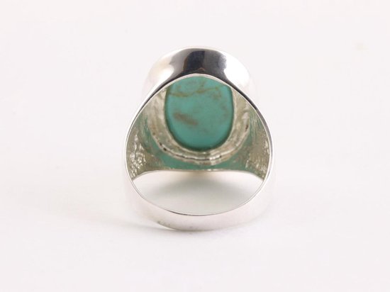 Grote ovale hoogglans zilveren ring met groene turkoois afbeelding 3