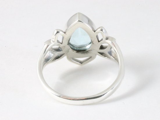 Opengewerkte zilveren lotus bloem ring met blauwe topaas afbeelding 3
