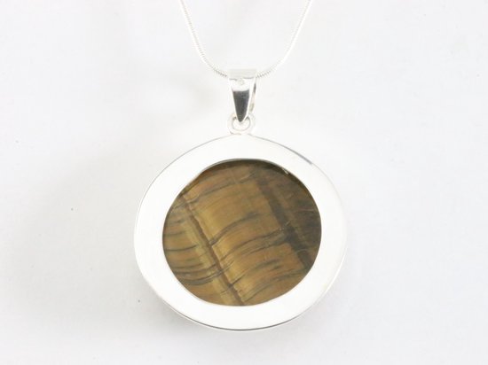 Ronde hoogglans zilveren hanger met tijgeroog aan ketting afbeelding 3
