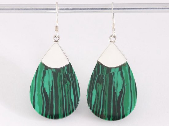 Grote druppelvormige zilveren oorbellen met malachiet afbeelding 4