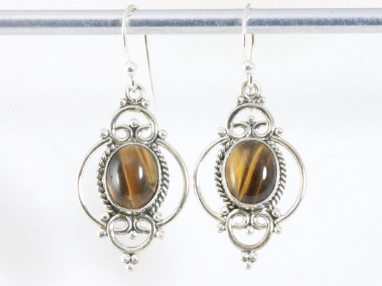 Opengewerkte zilveren oorbellen met tijgeroog afbeelding 3