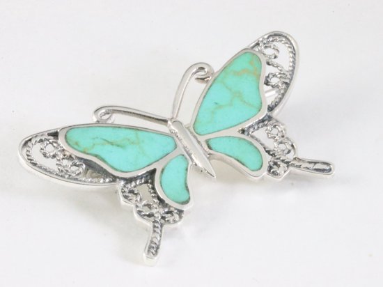 Zilveren vlinder broche met groene turkoois afbeelding 2