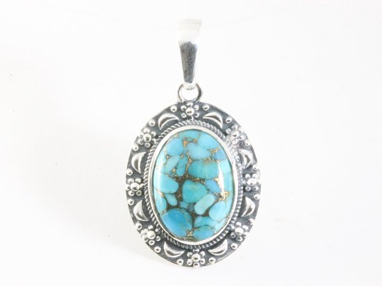 Bewerkte zilveren hanger met blauwe koperturkoois afbeelding 4