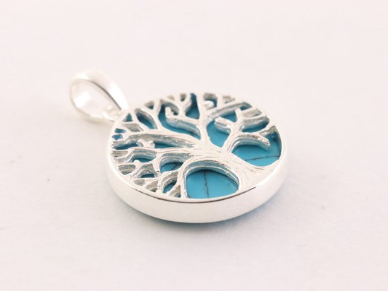 Fijne ronde zilveren hanger met levensboom op blauwe turkoois afbeelding 2